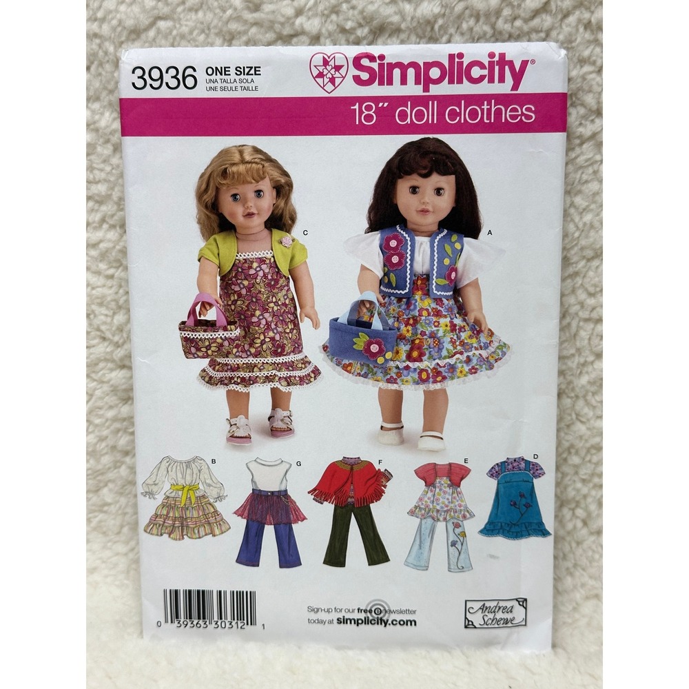 Simplicity Sewing Pattern 3936 18" Doll Clothes Andrea Schewe 38 Pieces Uncut